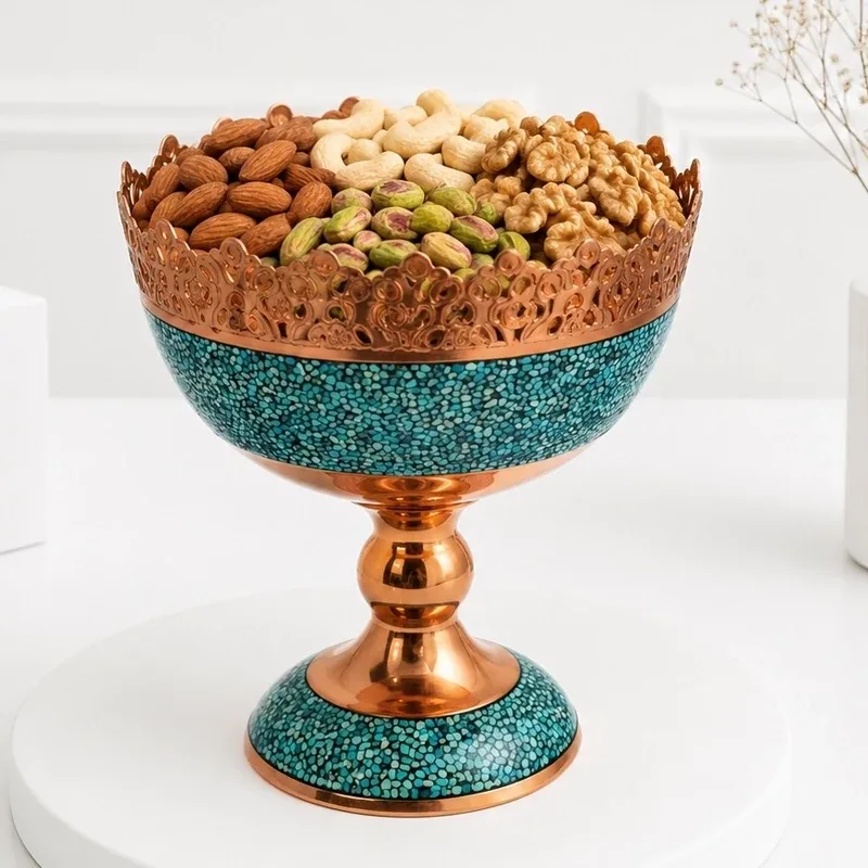آجیل خوری مسی فیروزه کوبی شده پرنسا مدل پایه دار (کد 20)