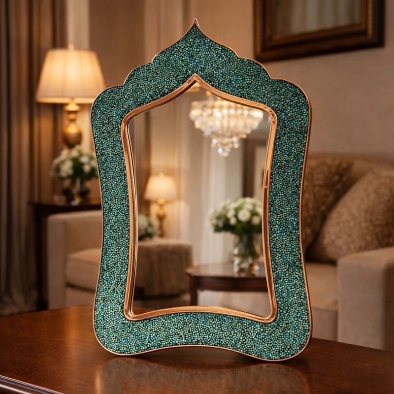 آیینه مستطیل مسی فیروزه کوبی شده (ارتفاع 50 سانتی متر)
