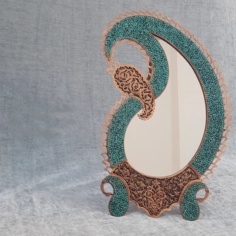 آینه ترمه مسی فیروزه کوبی شده (ارتفاع 50 سانتی متر)