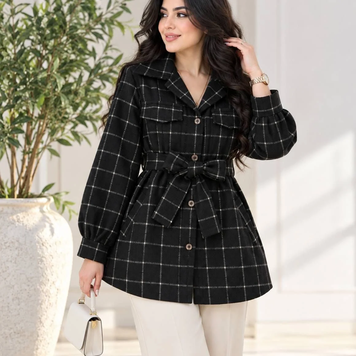 مانتو پشمی چهارخونه موهردار ضخیم